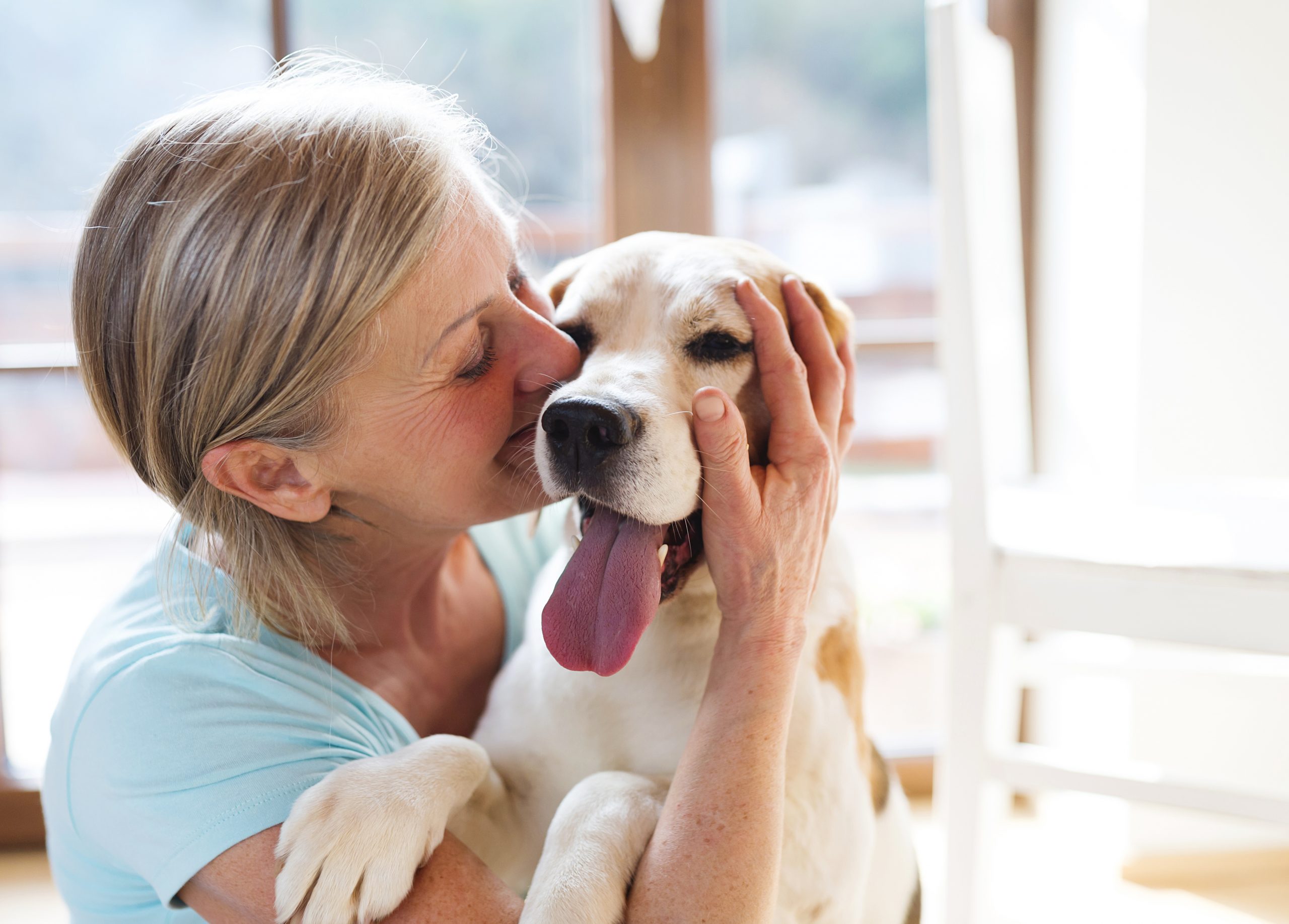 Pet parent hugging dog
